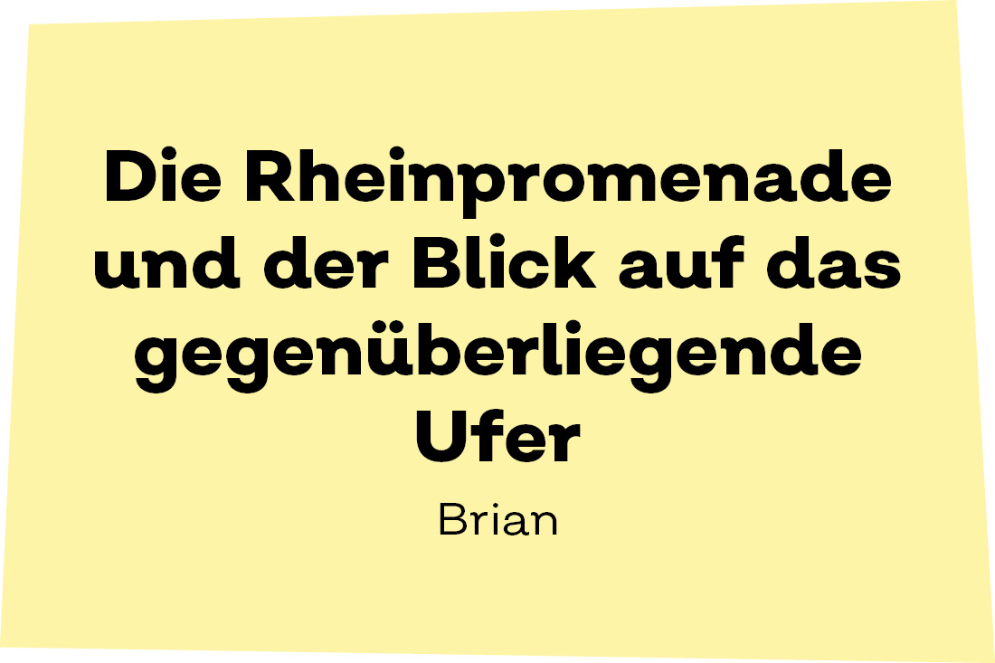 Die Rheinpromenade und der Blick auf das gegenüberliegende Ufer. Brian